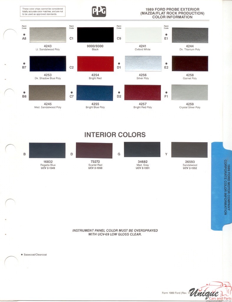 1989 Ford Paint Charts Probe PPG